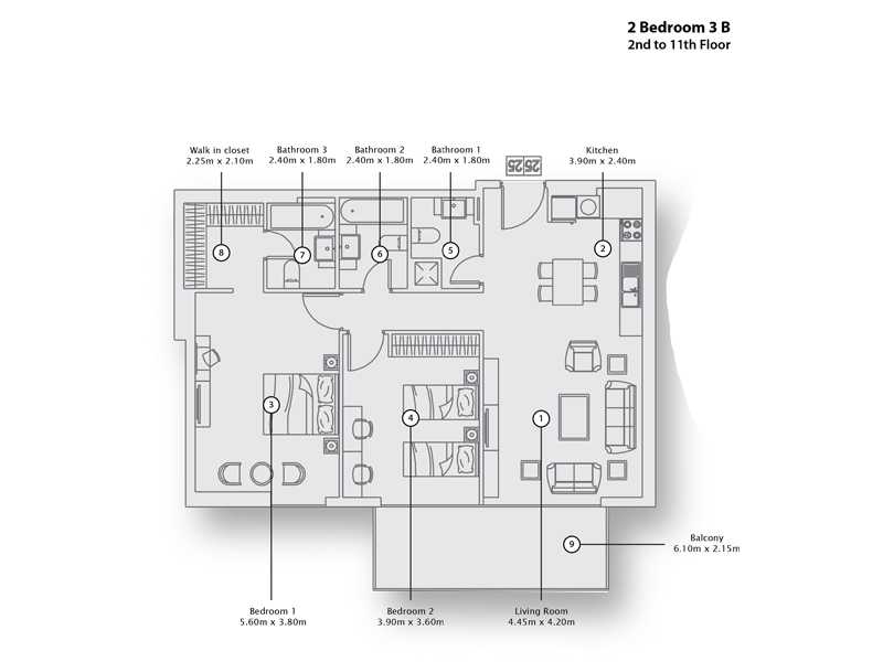 2 Bedroom Apartment 3 B, 2nd to 11th Floor
